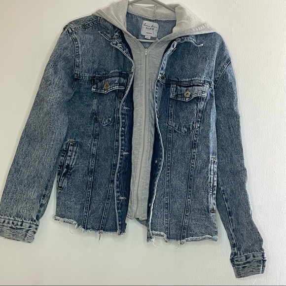 ACID WASHED DENIM JACKET DOUBLE LAYERED GREY HOOD - Picture 2 of 4